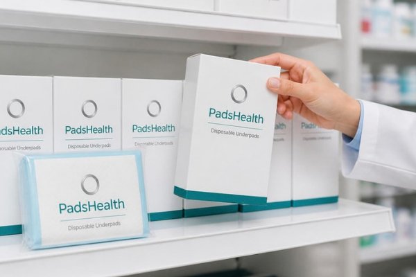 Pharmacist placing a PadsHealth carton of disposable underpads on a pharmacy shelf lined with PadsHealth packs