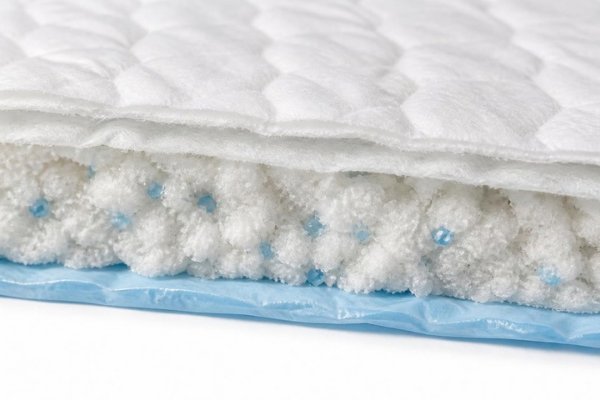 Cross-section of a PadsHealth underpad showing the five layers from top sheet to blue backing