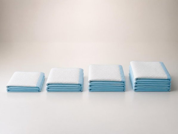 Four stacks of folded PadsHealth underpads with blue backing, one per absorbency grade