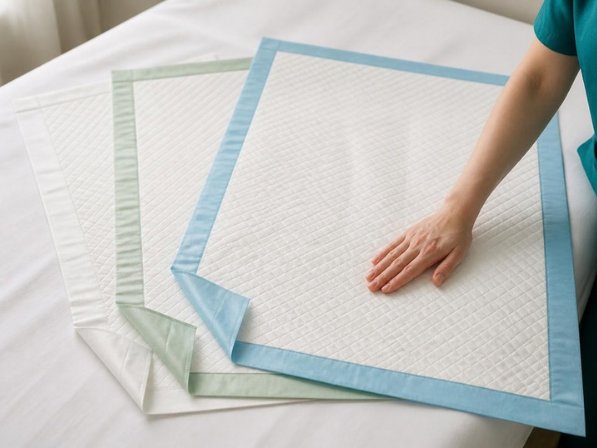 Three PadsHealth disposable underpads with blue, green and white backing on a hospital bed, smoothed by a nurse
