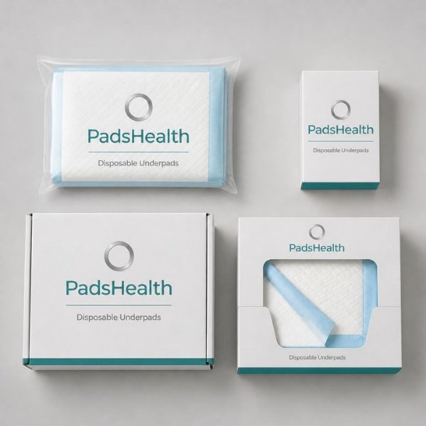 Four PadsHealth-branded pack formats: poly bag, carton, shipping carton and dispenser box