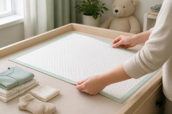 Parent laying a green-backed underpad on a changing table in a nursery