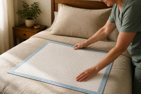 Family member laying a white-backed underpad on a home bed