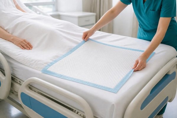 Nurse placing a PadsHealth underpad on a hospital bed in a bright ward