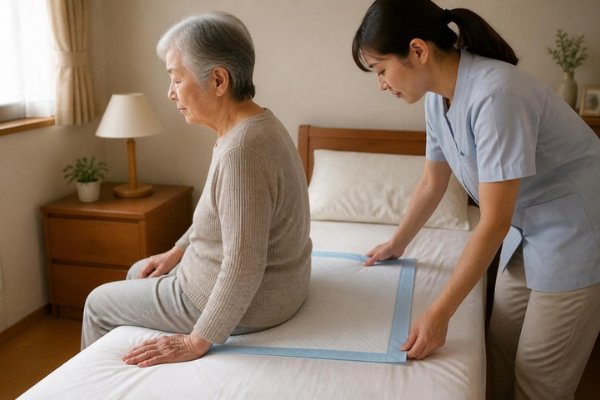 Caregiver placing an underpad on a care home bed