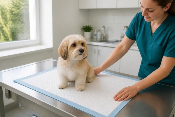 Veterinary nurse with a small dog sitting on an underpad on a stainless steel examination table