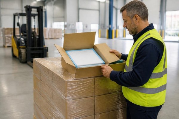 Logistics worker checking an open carton of underpads on a pallet in a distribution warehouse
